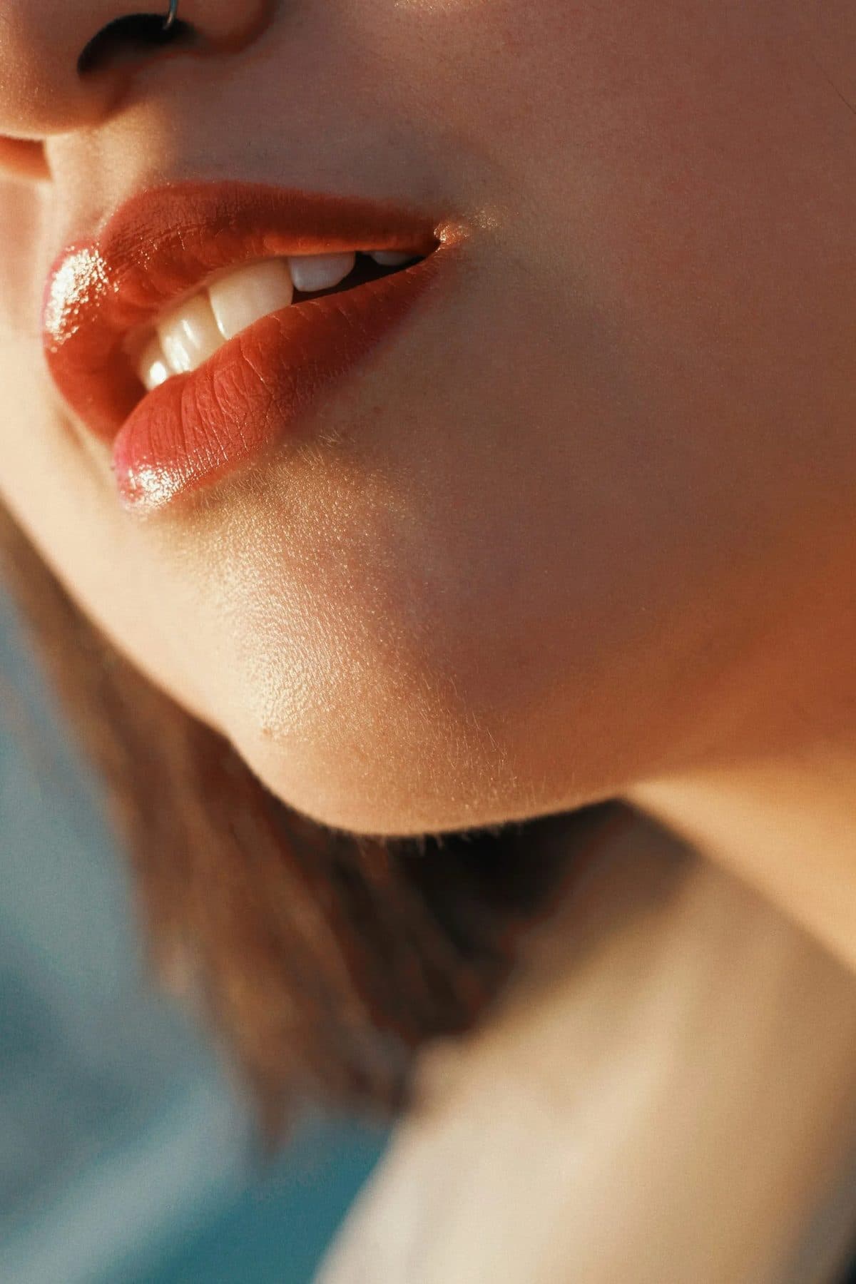Close-up of glossy lips with a natural-looking finish