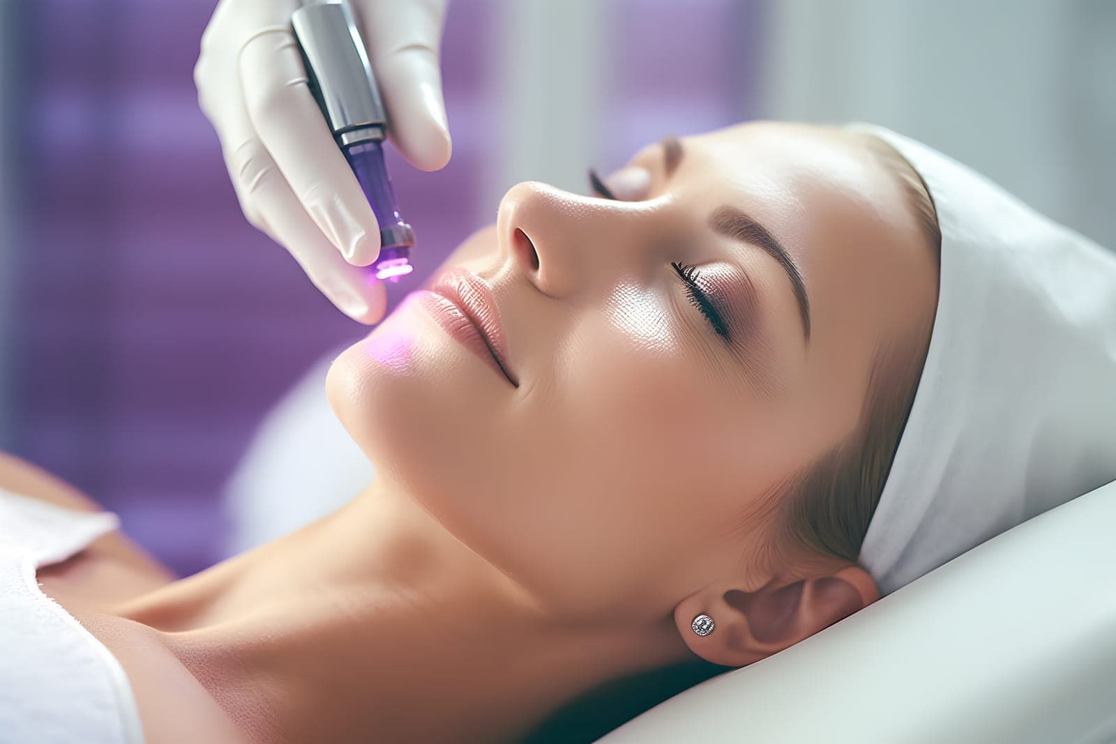 Gloved hand holding a microneedling pen near a client’s cheek