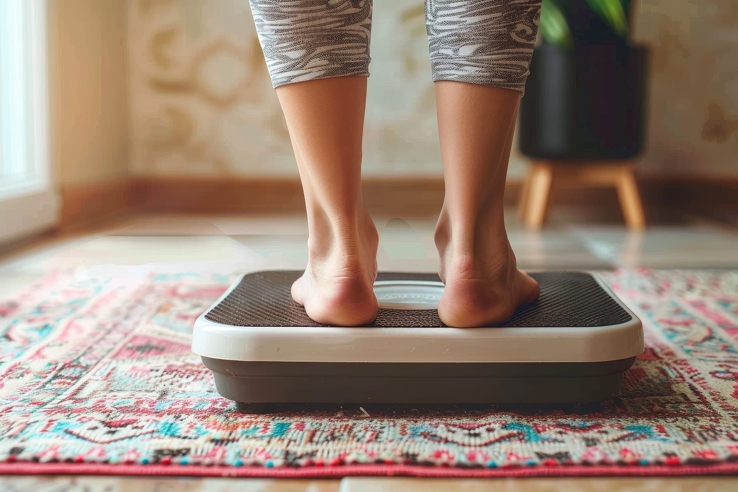 Bare feet standing on a bathroom scale on a patterned rug